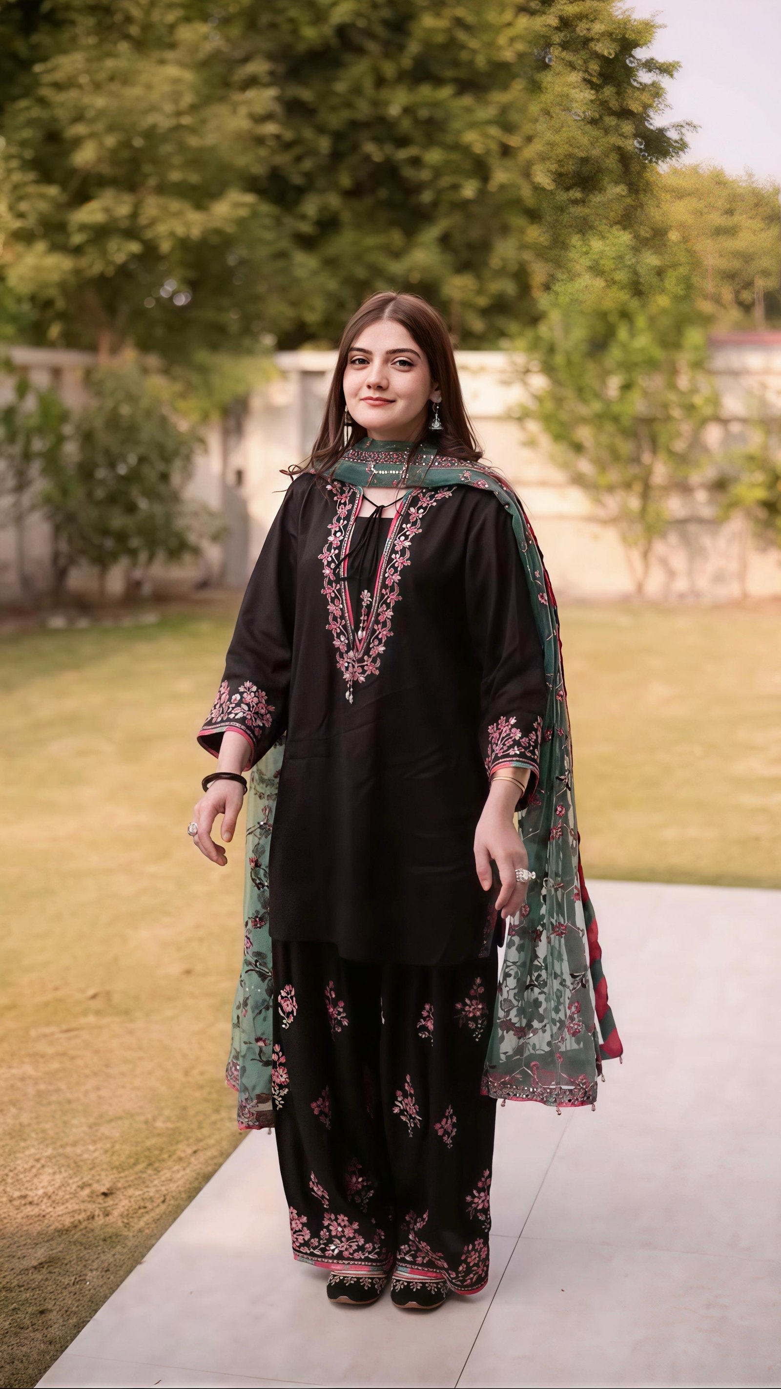 FBF Premium Roman Glass Silk Embroidered Kurta Set with Farshi Pant & Butterfly Net Dupatta