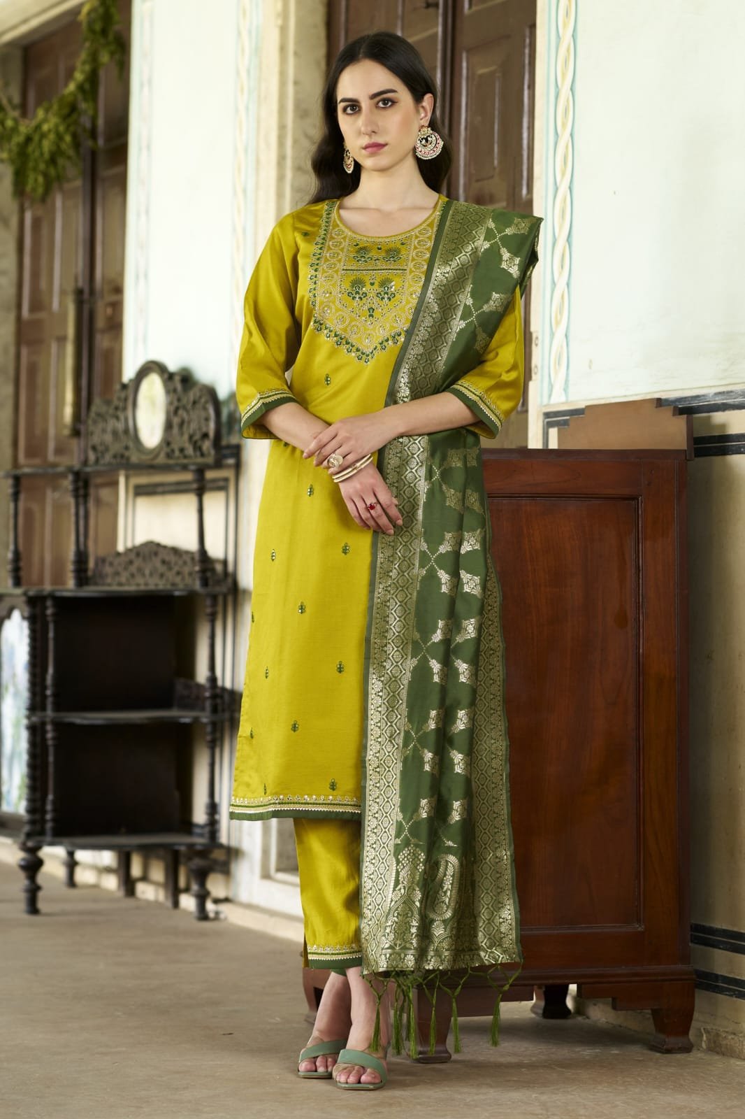 FBK Mustard Tesla Silk Embroidered Kurta Pant Set with Contrast Art Silk Banarasi Dupatta