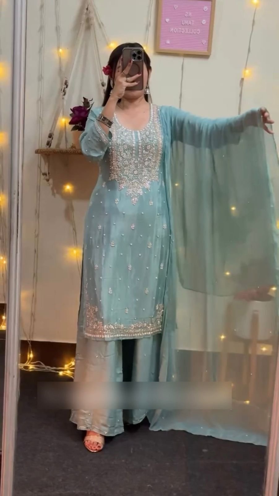 FBS Serene Sky Blue Embroidered Faux Georgette Sharara Set
