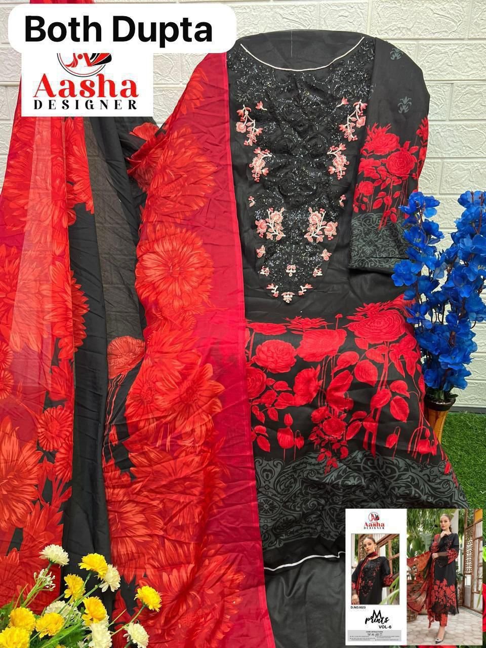 FBP Collection: Designer Floral Print Cotton Suit Set with Intricate Thread Work