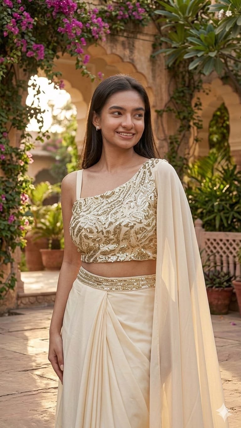 ILF Elegant Ivory Dhoti-Style Ready-to-Wear Saree with Sequin Embroidery