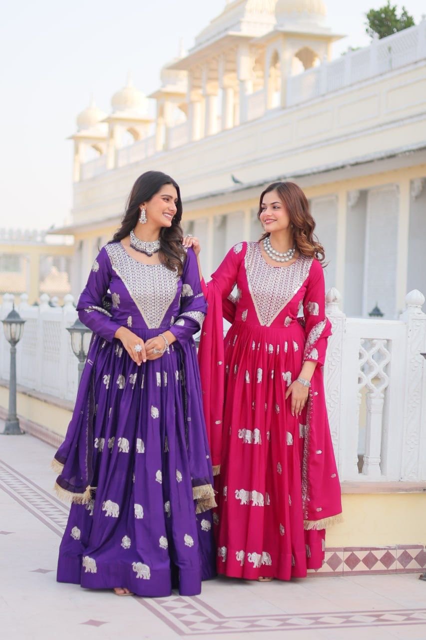 Designer Fox Georgette Gown with Elephant Motif Embroidery