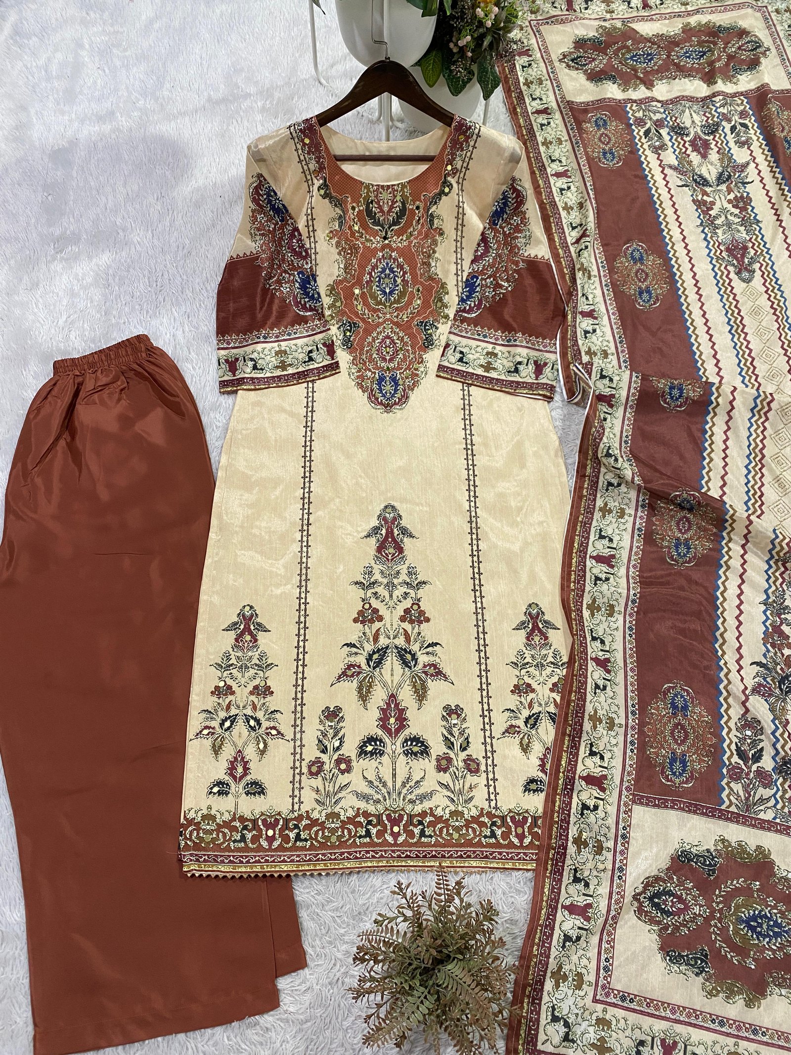 Elegant Cream & Rust Chinon Printed Salwar Suit with Mirror Work Embellishments