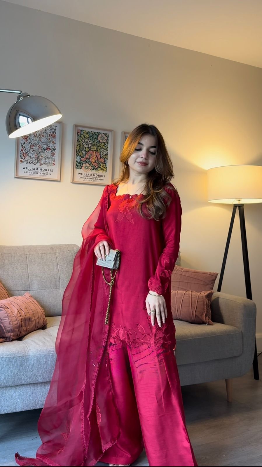 Radiant Wine Red Roman Silk Kurti Set with Organza Dupatta & Sequence Work