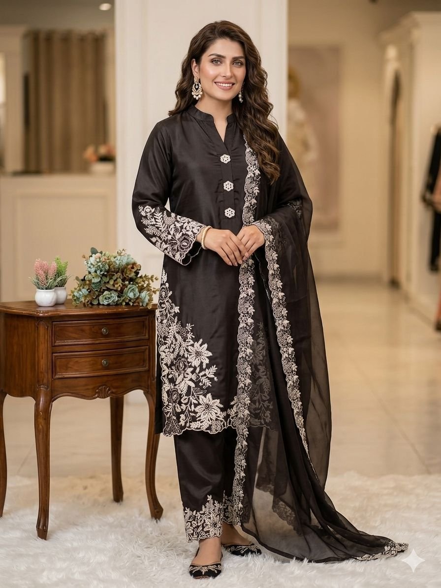 Elegant Pakistani Suit Set: Embroidered Crape Silk Top & Palazzo with Soft Organza Dupatta