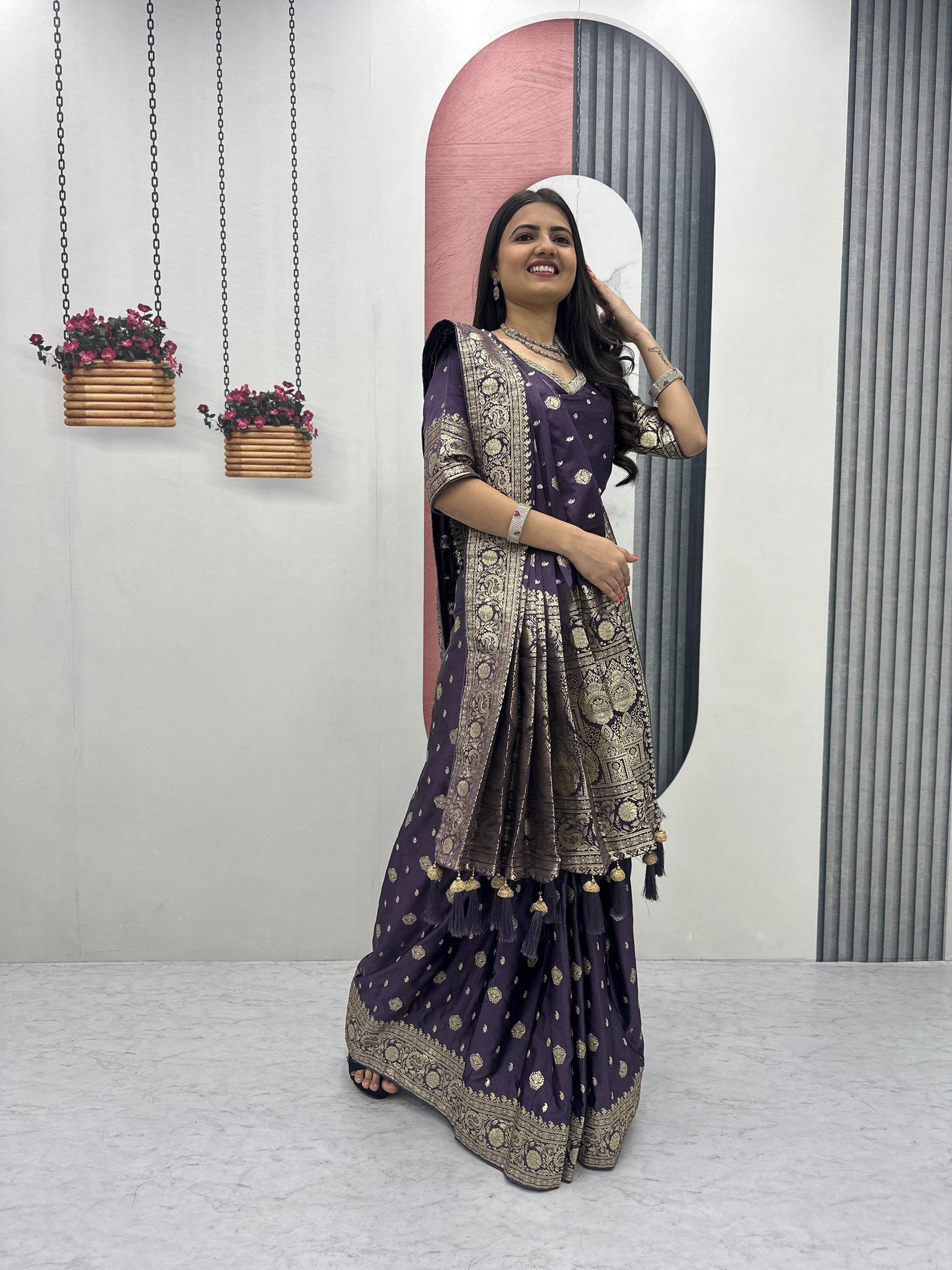 Exquisite Festival Wear: Readymade Pleated Semi Silk Saree with Heavy Jacquard Work
