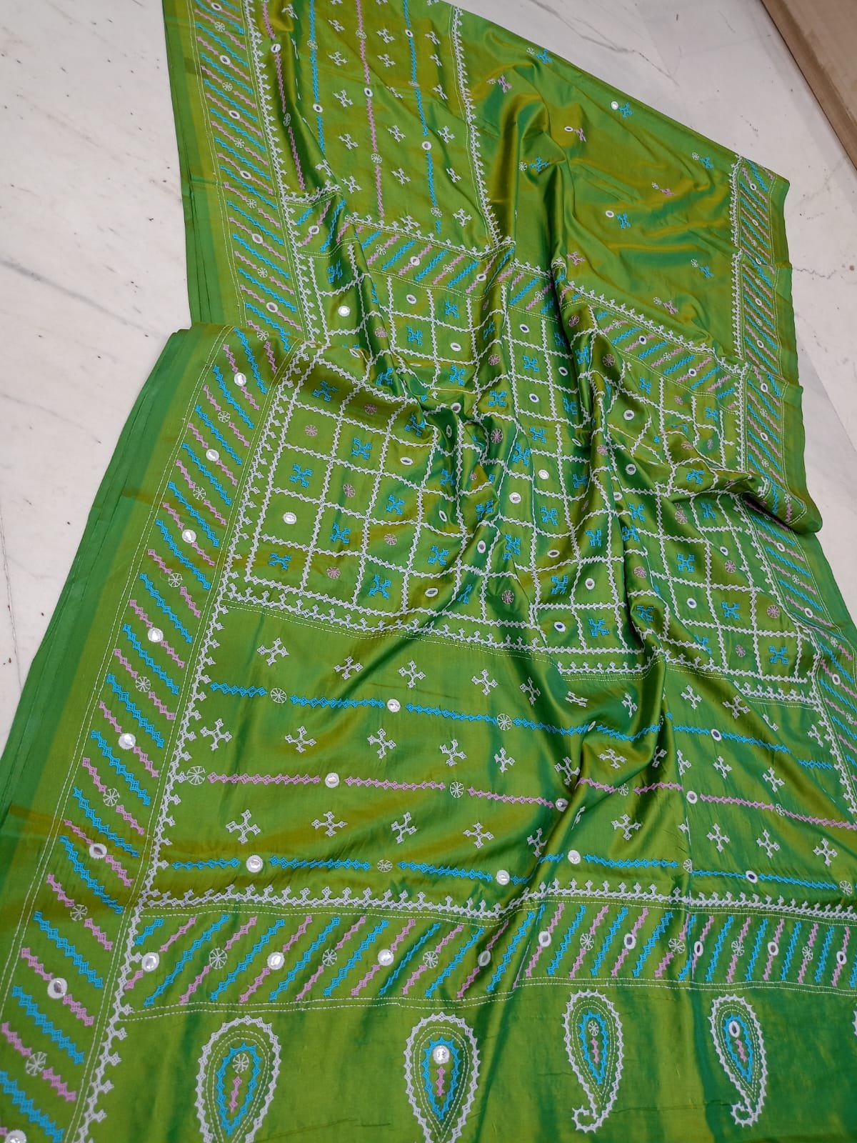 Handwoven Blended Bangalore Silk Saree with Authentic Gujarati Stitch