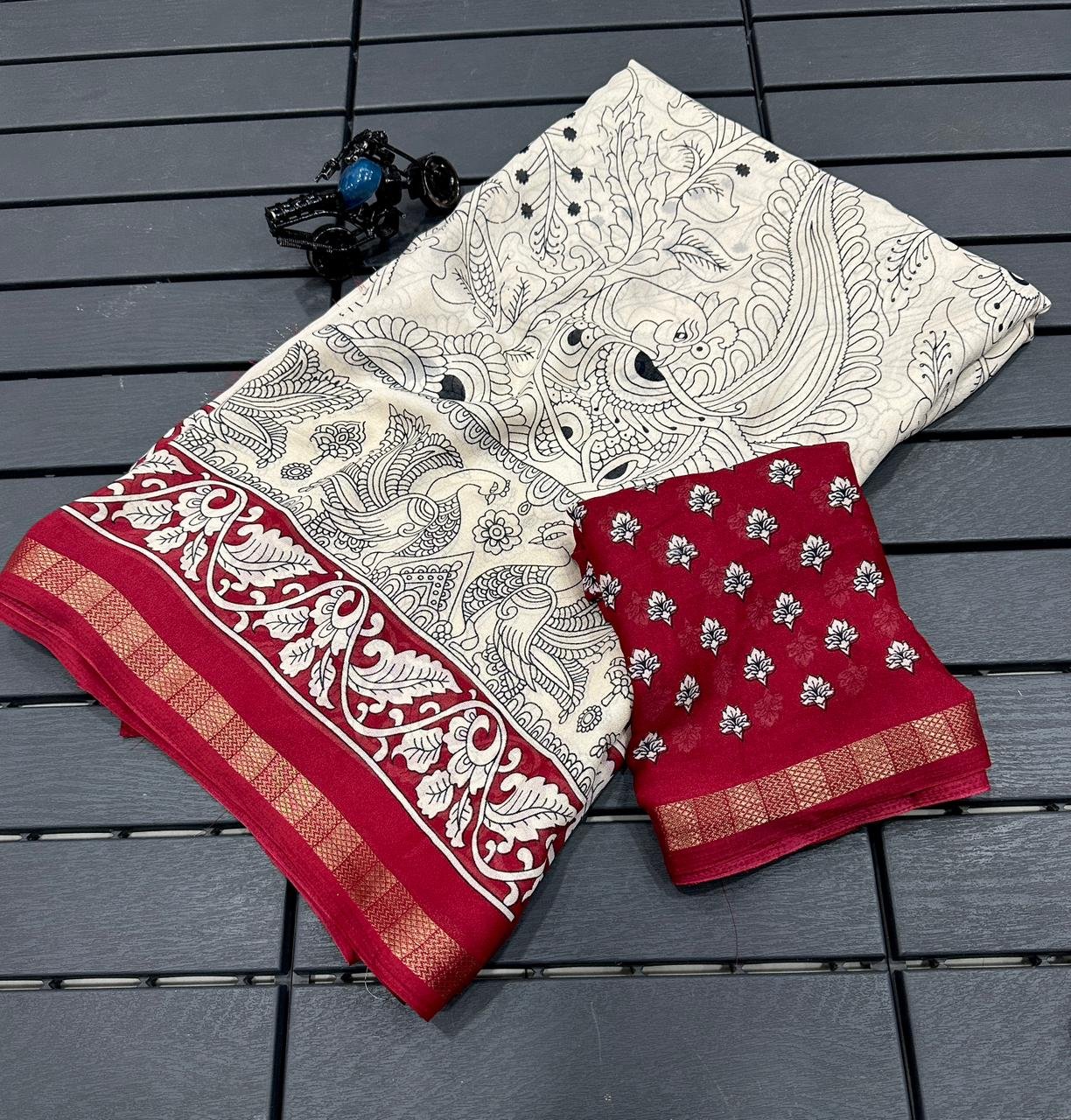 Peacock Motif Blooming Marshmallow Silk Saree