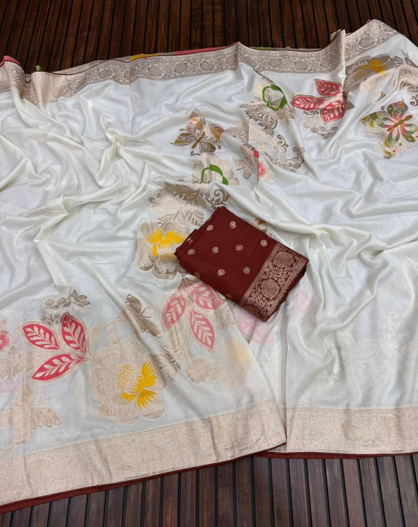 Pure Viscose Khaddi Crepe Georgette Meenakari Butterfly & Floral Jaquard Saree
