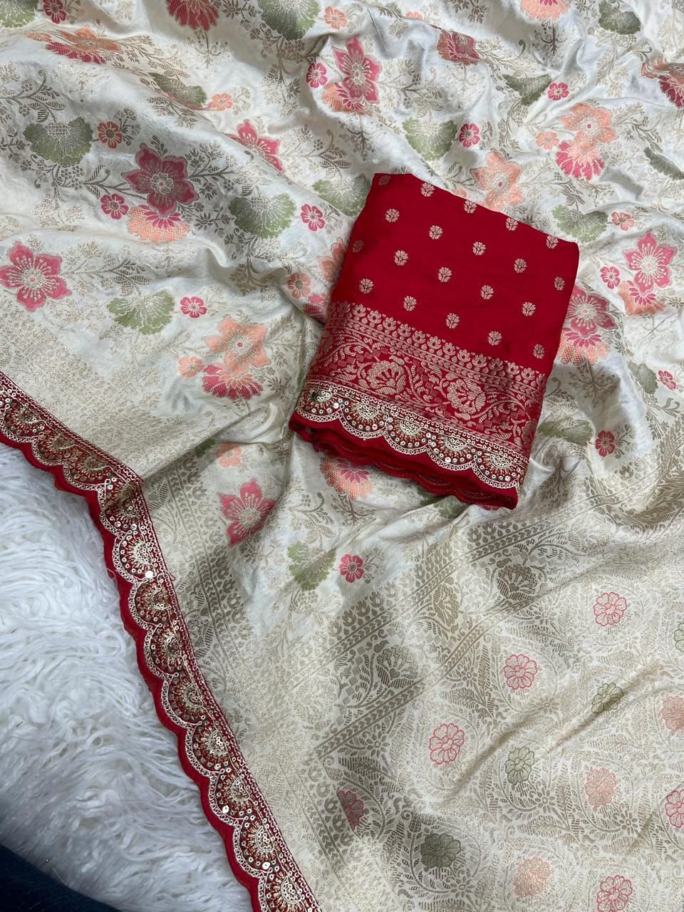 Pure Dola Silk Meenakari Saree with Embroidered Scallop Lace Border