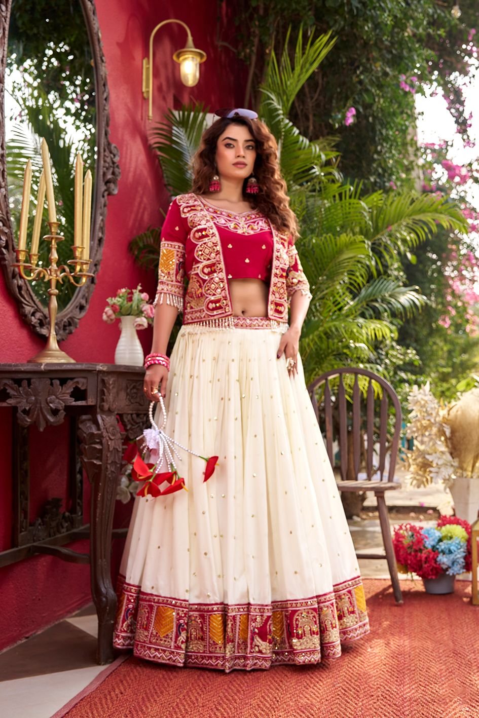 Designer Pure Vichitra Silk Festival Lehenga Choli with Embroidered Koti