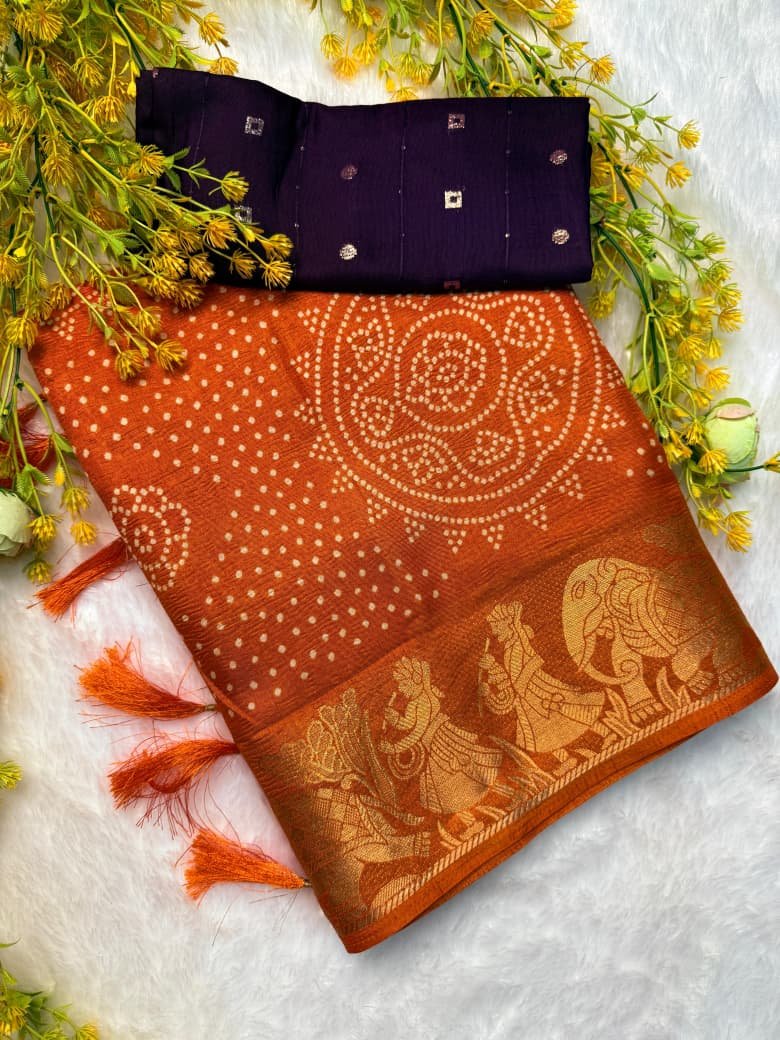 Original Dola Crepe Crushed Saree with Bandhani Print & Heritage Zari Border