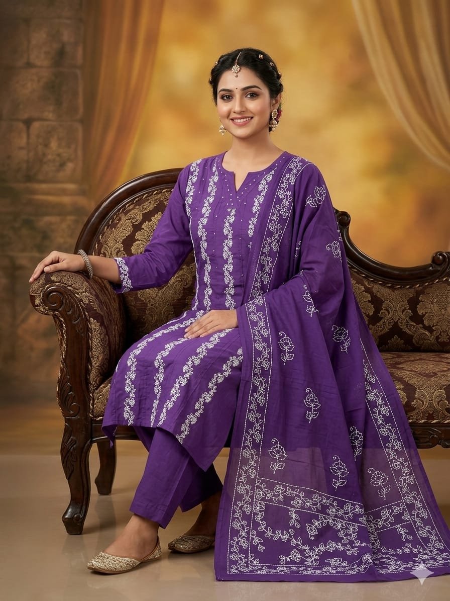Premium Jaipuri Dhabu Cotton Kurti, Pant & Dupatta Set with Handcrafted Yoke
