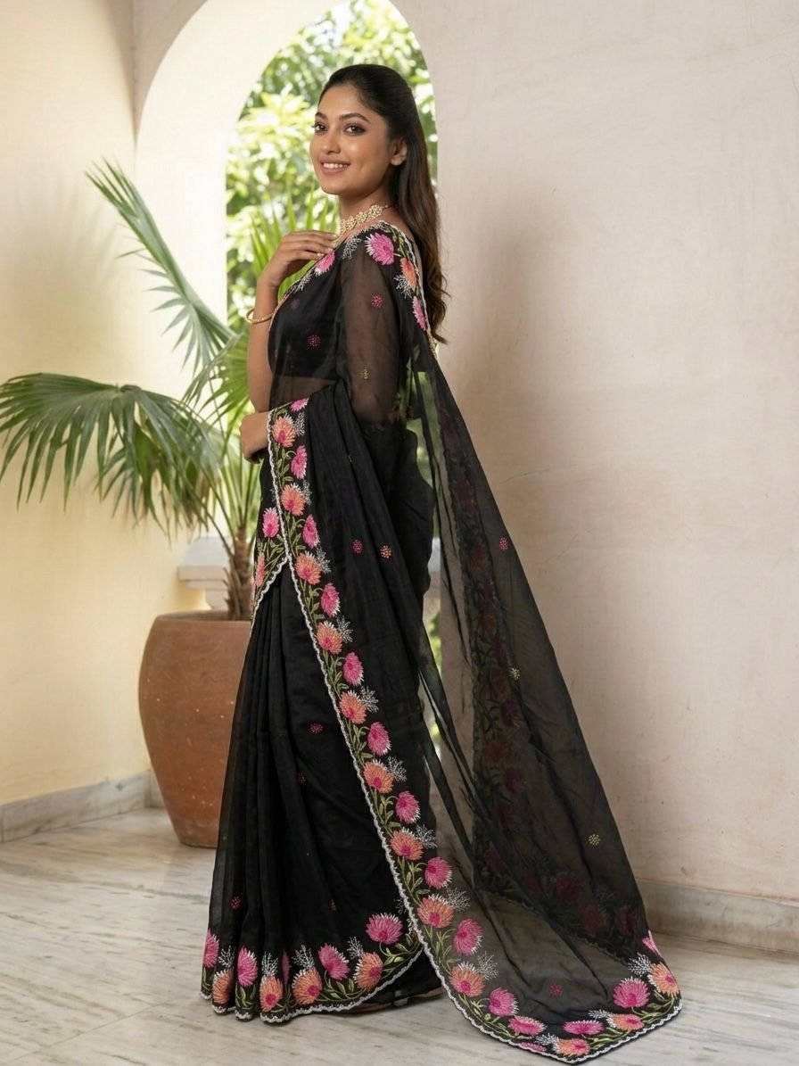 Premium Rangoli Silk Saree with Designer Floral Embroidery & Scalloped Zari Cut-Work Border
