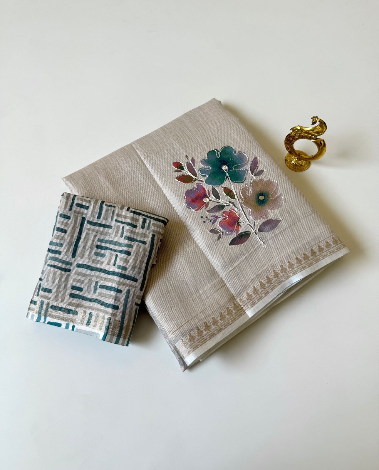 Premium Soft Erode Zari Silk Saree with Digital Prints and Handcrafted Fabric Flowers