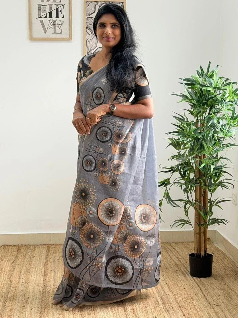 Premium Plain Linen Saree with Artistic Floral Digital Prints