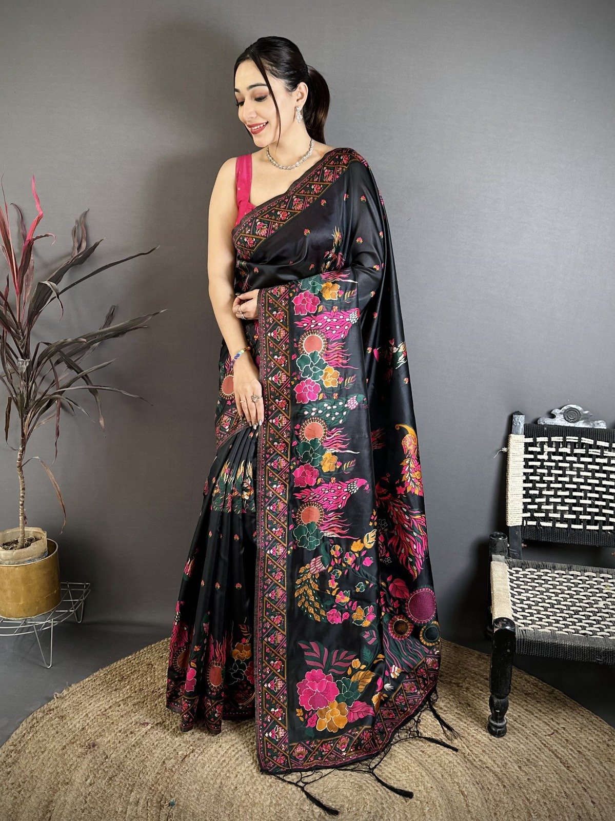 Premium Pashmina Silk Saree with Intricate Kashmiri Resham Meenakari Weaving