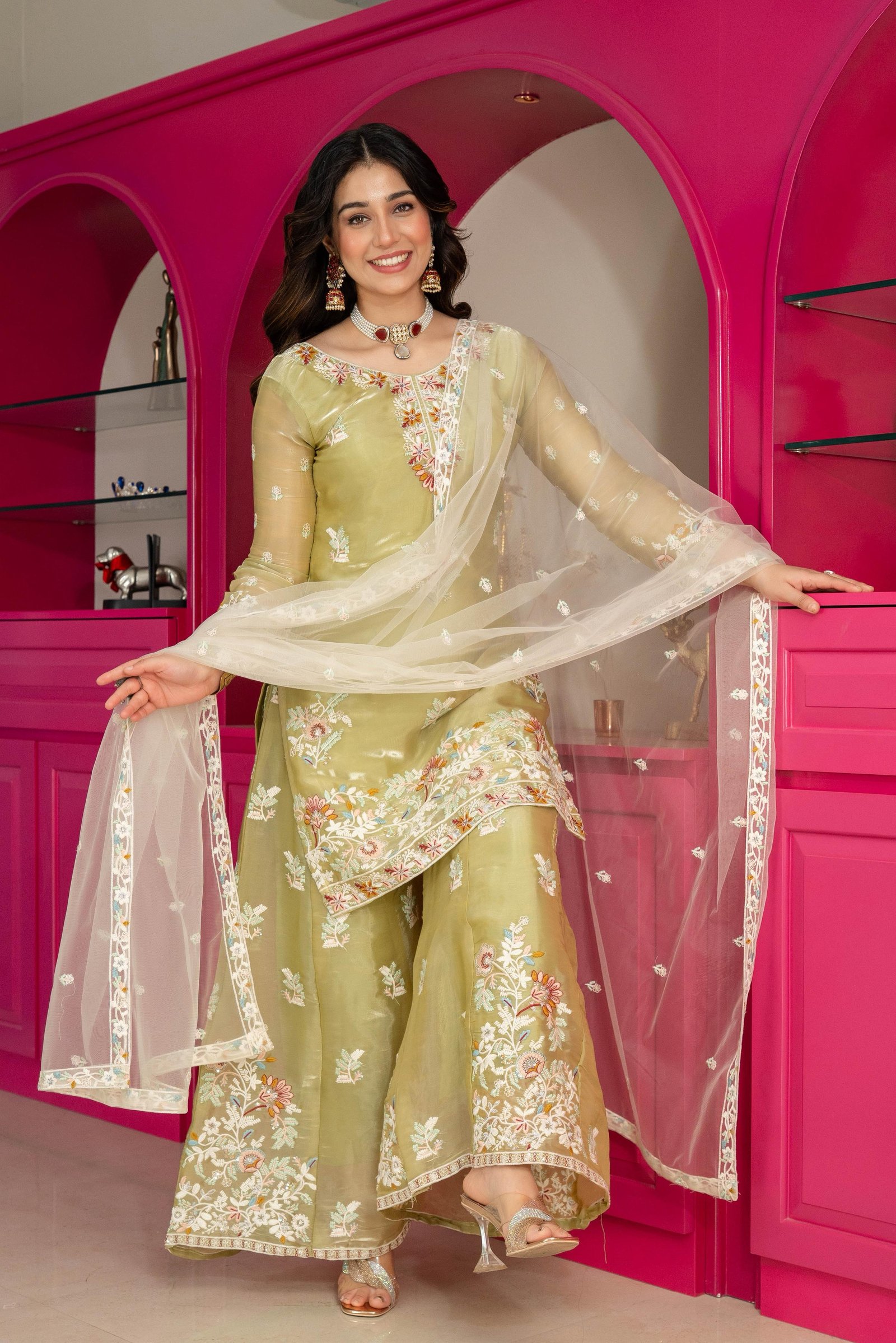Designer Sage Green Zmy Silk Sharara Set with Intricate Sequin & Moti Embroidery