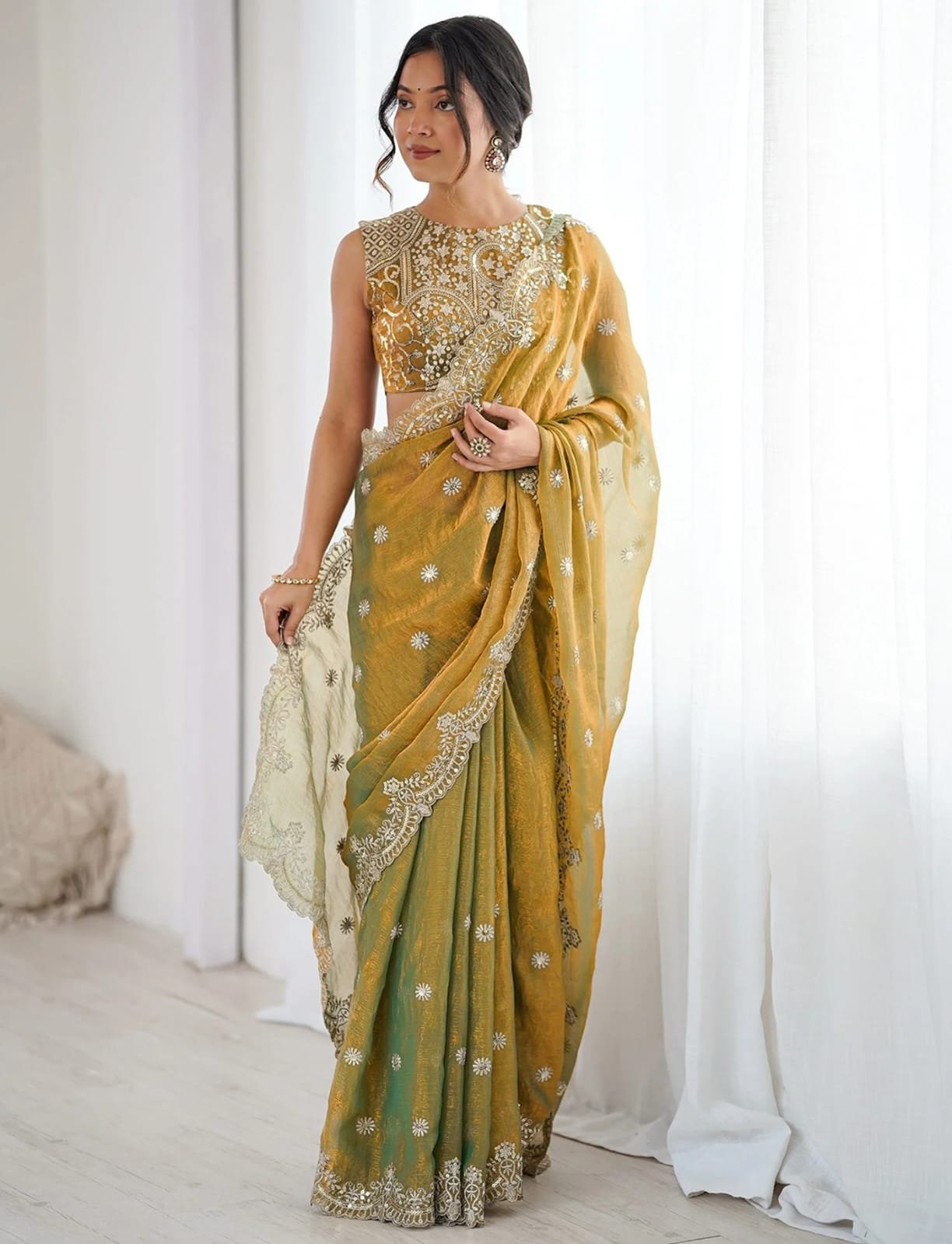 Designer Green Pitambari Fandy Silk Saree with Elegant Scalloped Embroidery Work