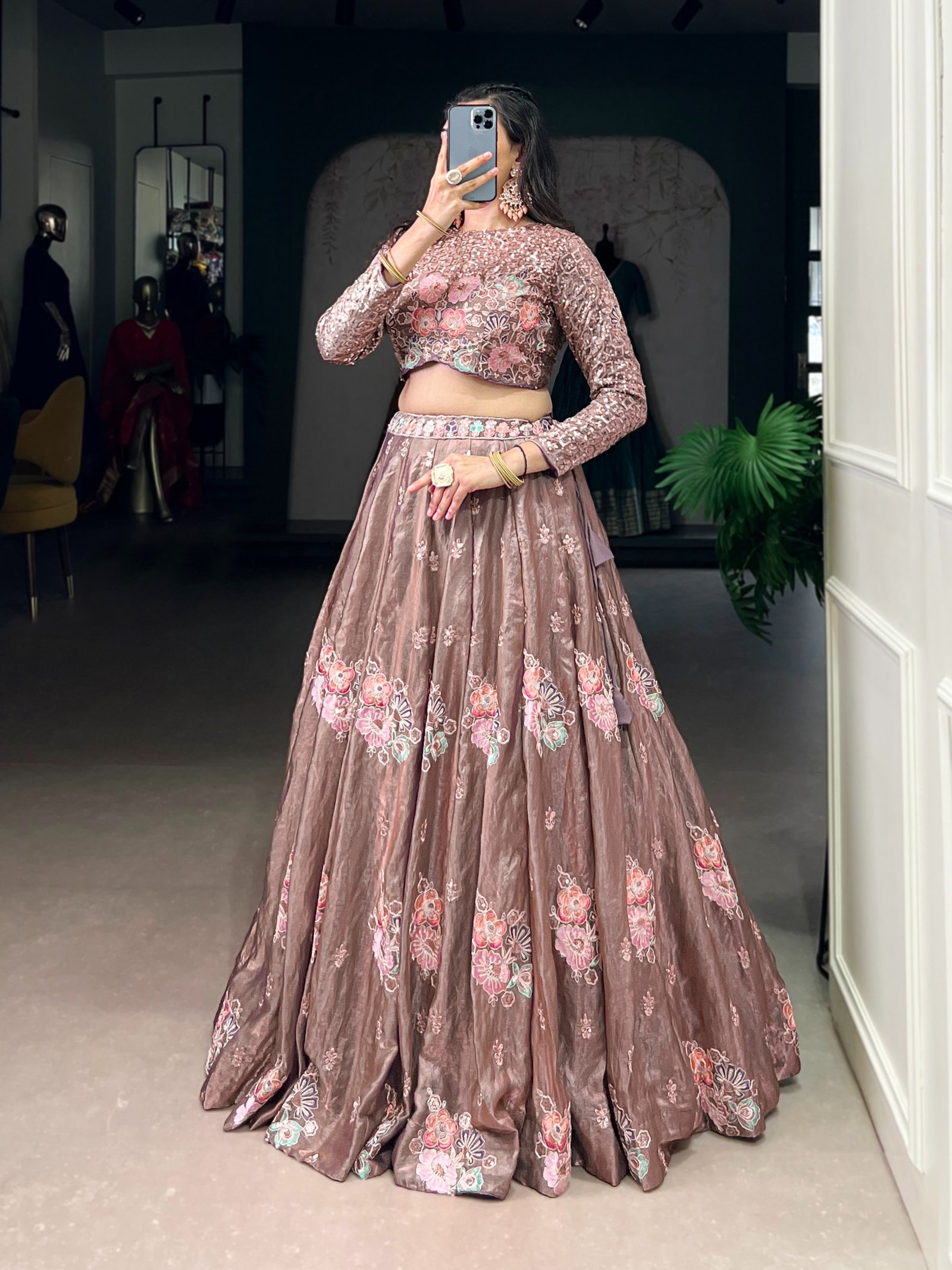 Designer Fendi Silk Embroidered Lehenga Choli with Sequins Work