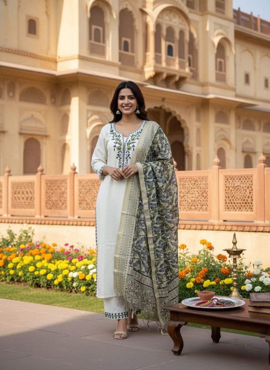 Designer Khadi Cotton Kurti Pant Set with Bhagalpuri Print Dupatta