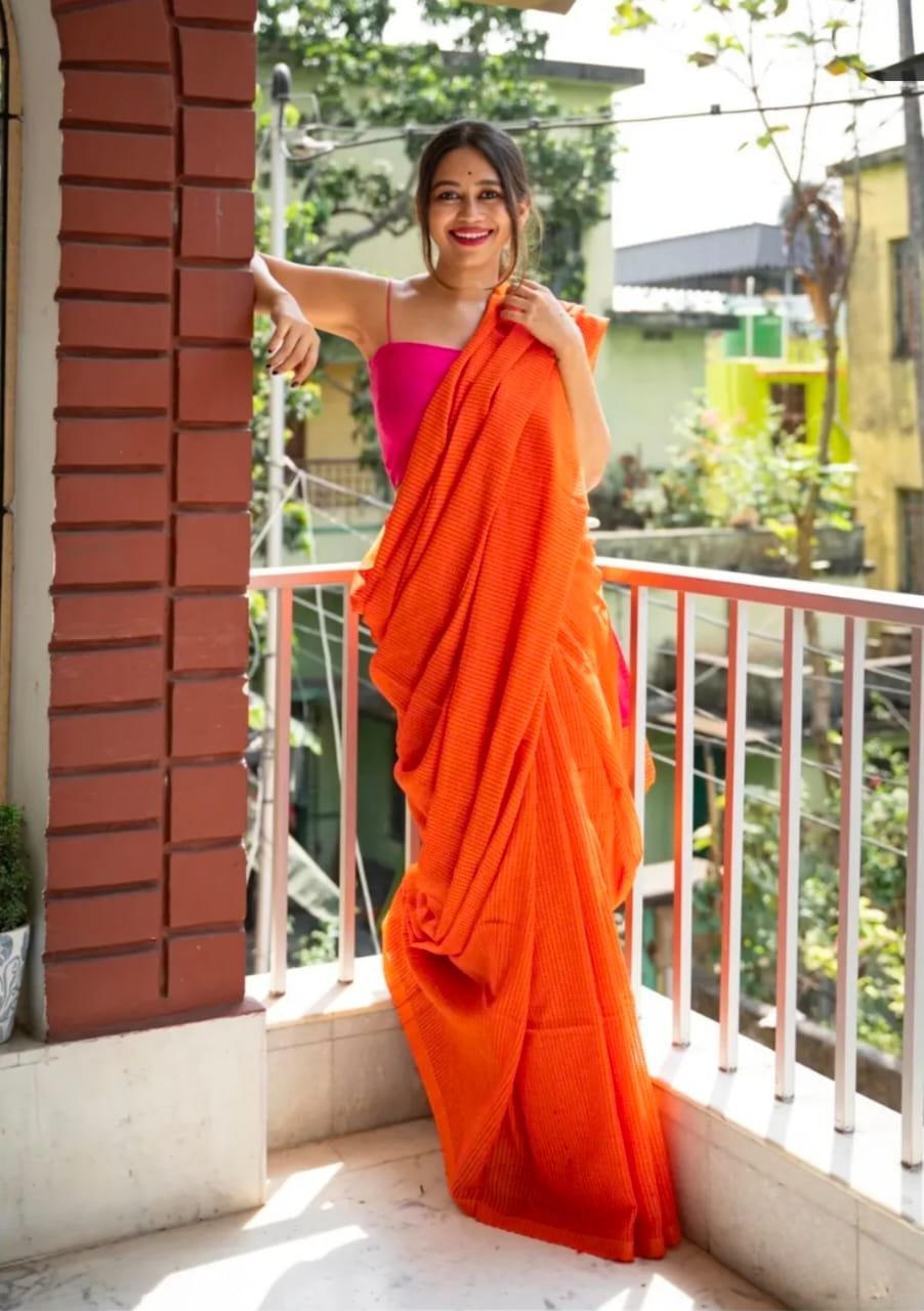 Premium Pure Cotton Striped Saree with Hand-Crafted Kantha Work