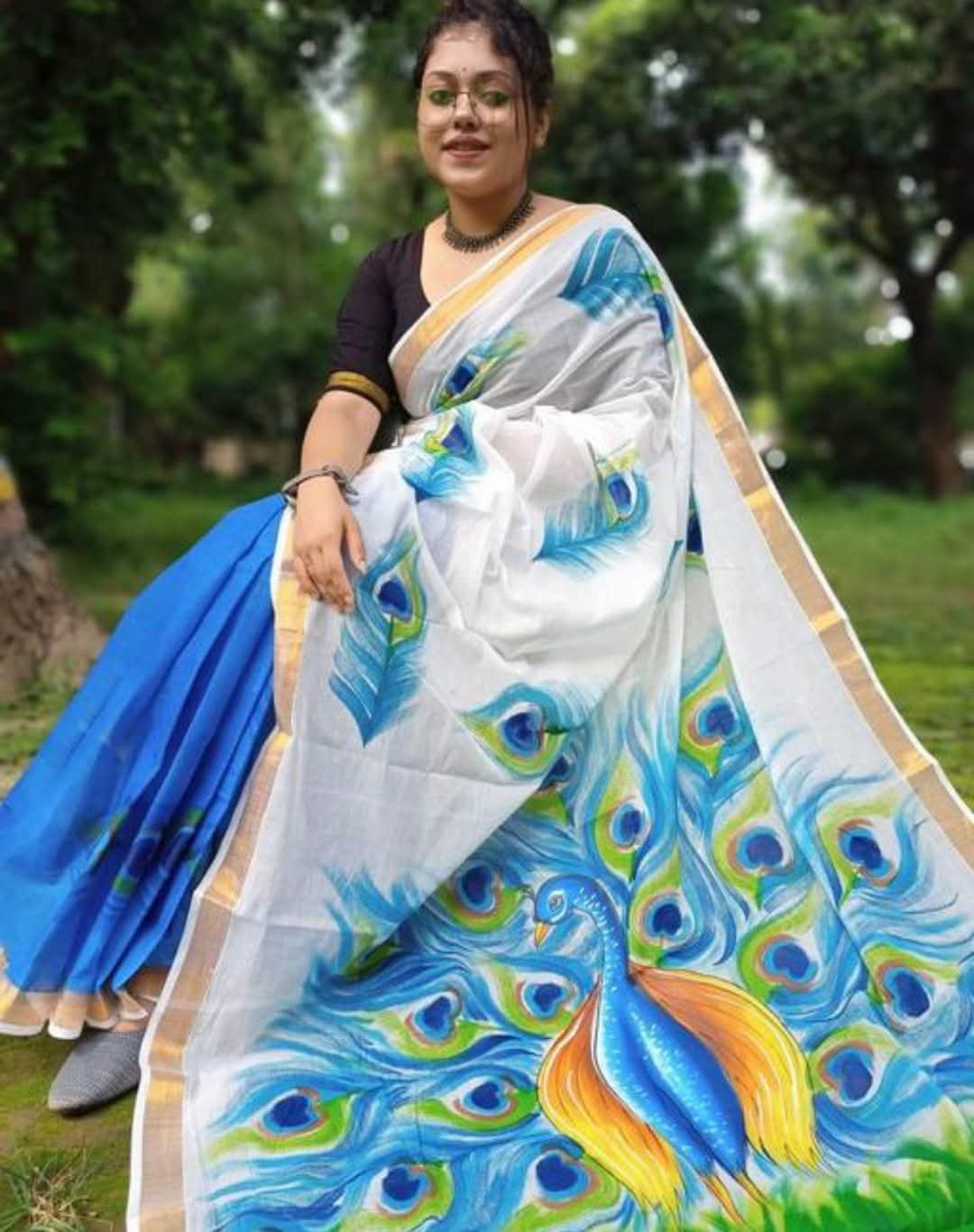 Premium Kerala Cotton Hand-Painted Saree with Exclusive Artisanal Designs