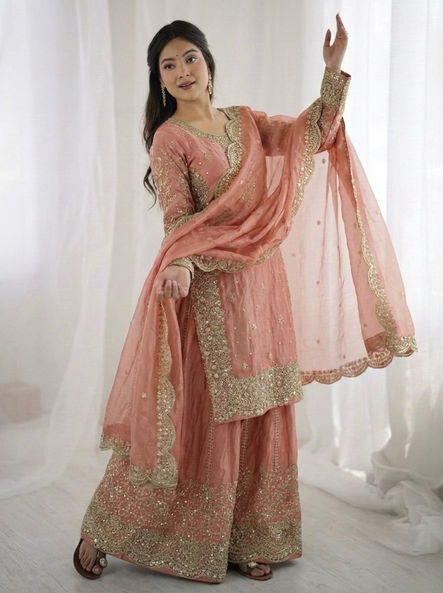 Elegant Fendy Silk Embroidered Sharara Suit Set with Scalloped Dupatta