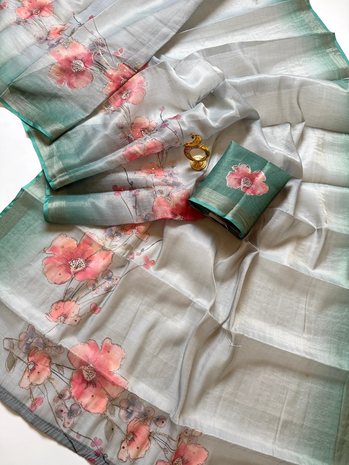Erode Essence: Hand-Crafted Zari Silk Saree with Ikkat Digital Art & Aari Handwork