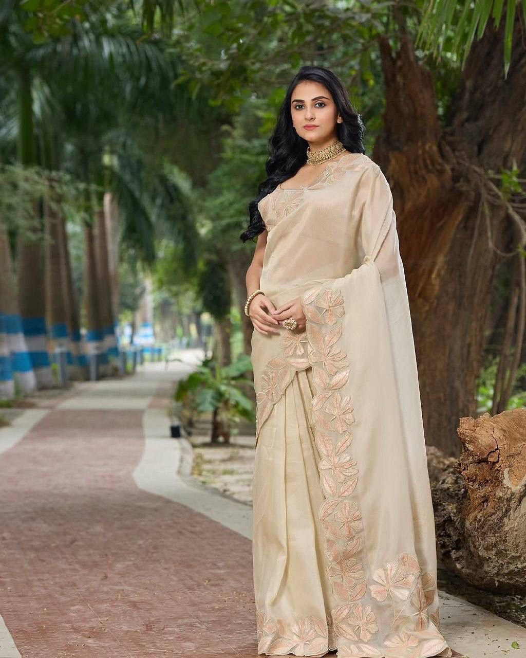 Golden Glow: Pure Bright Organza Saree with Sequin Embroidery & Arco Cut Borderc