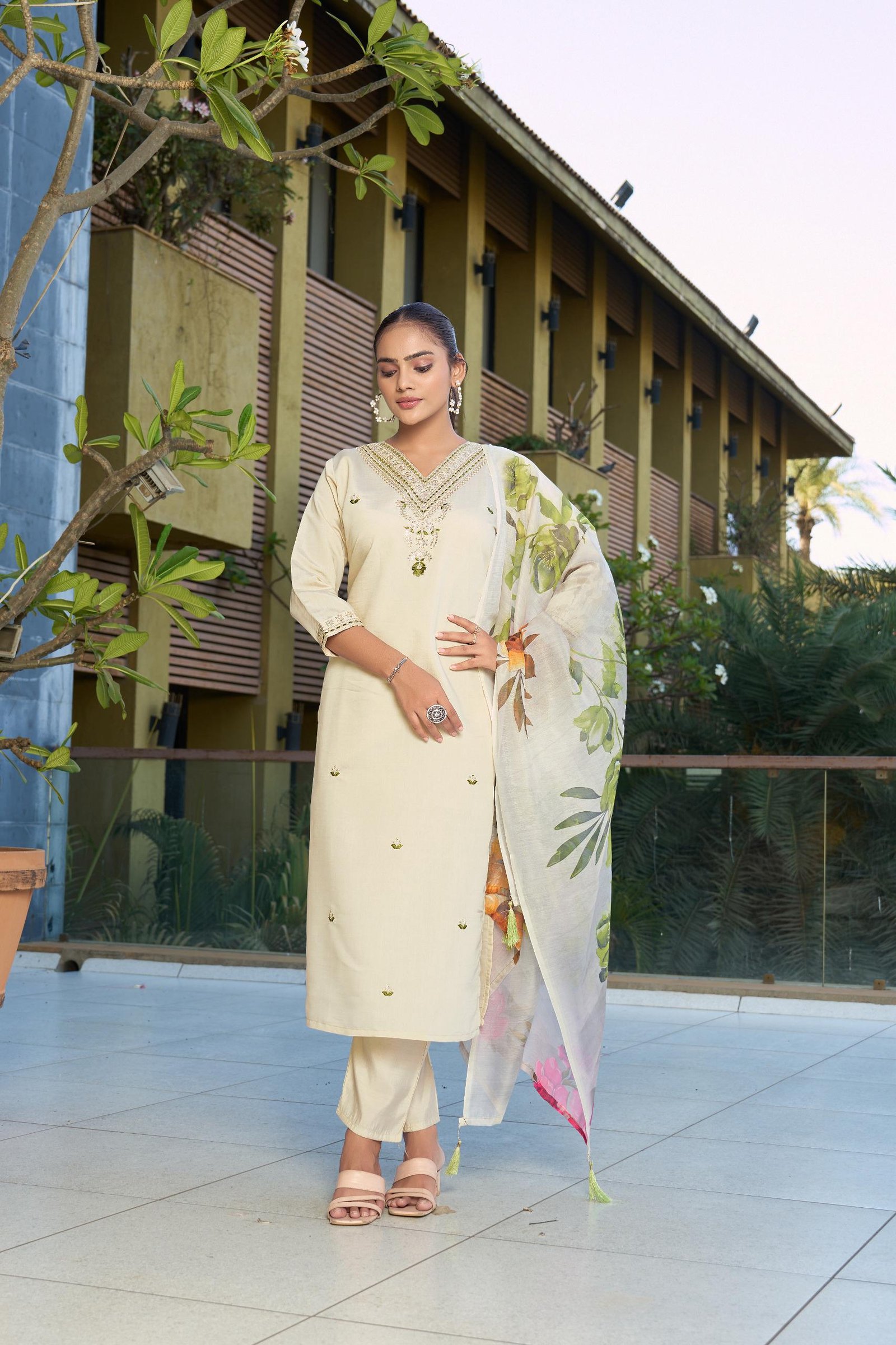 Ivory Elegance: Roman Silk Kurti, Pant & Chanderi Digital Print Dupatta Set