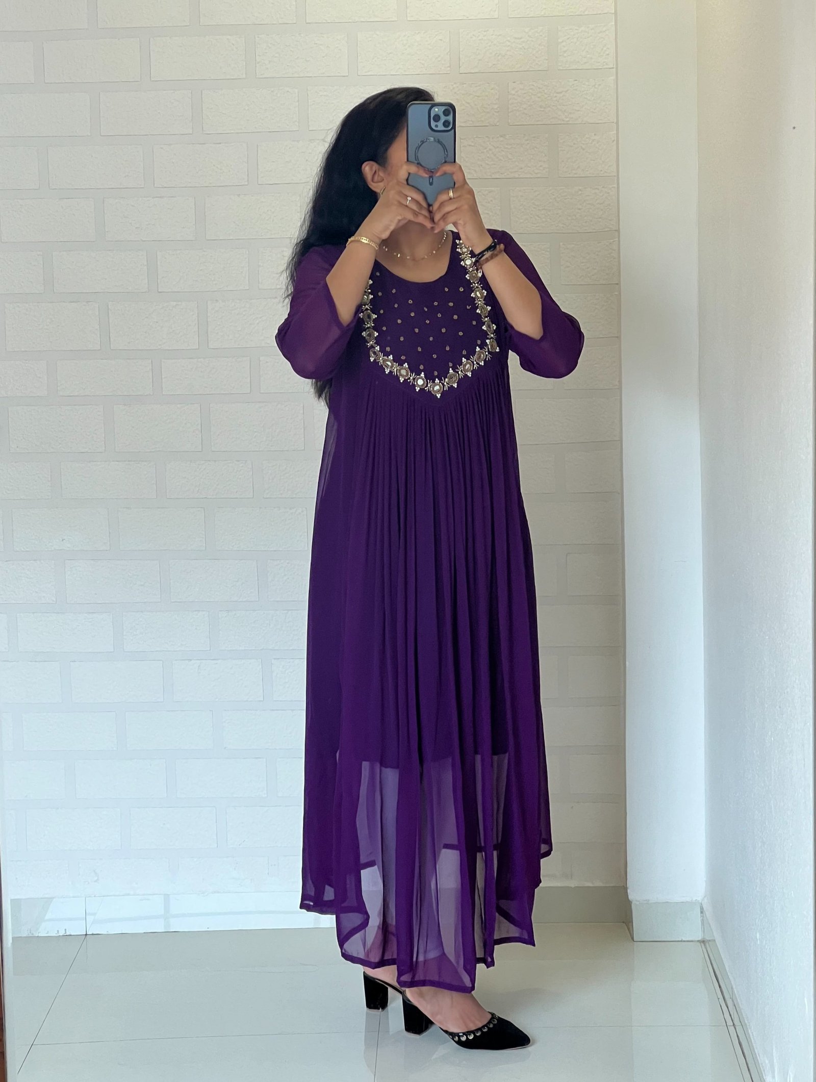 Midnight Mirror: Blooming Georgette Pleated Kurti with Handcrafted Khatli Work