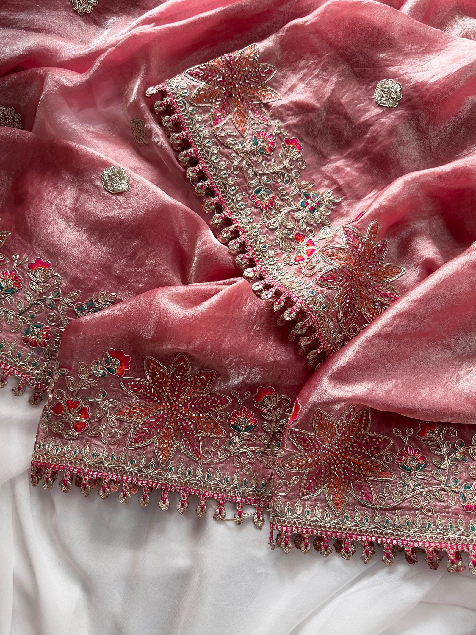 Shirisha Collection: Glossy Fandy Satin Silk Saree with Heavy Floral Embroidery & Tassel Border