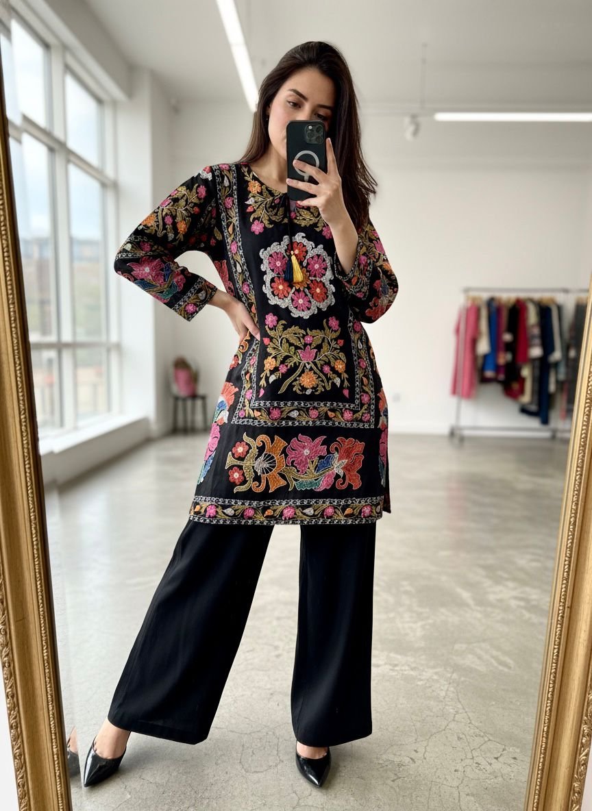 Noir Radiance: Magic Cotton Embroidered Kurti & Premium Crepe Palazzo Co-ord Set