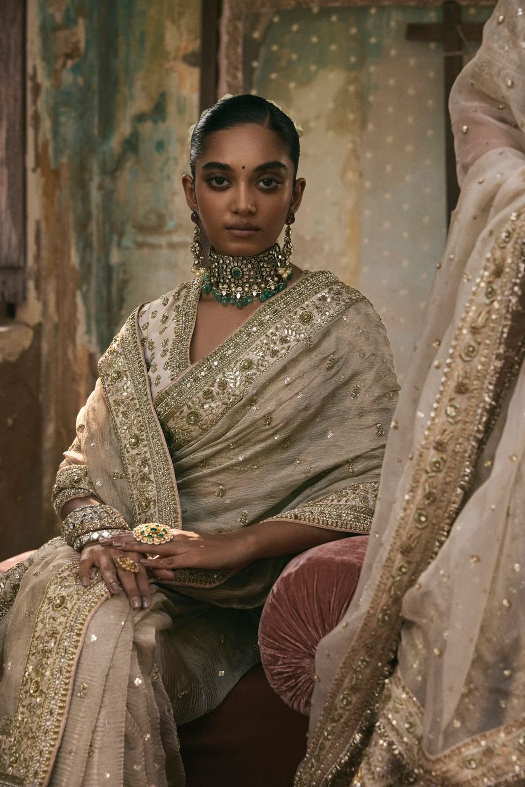 Golden Aura: Premium Gold Crush Saree with Sequin & Coding Work Artistry