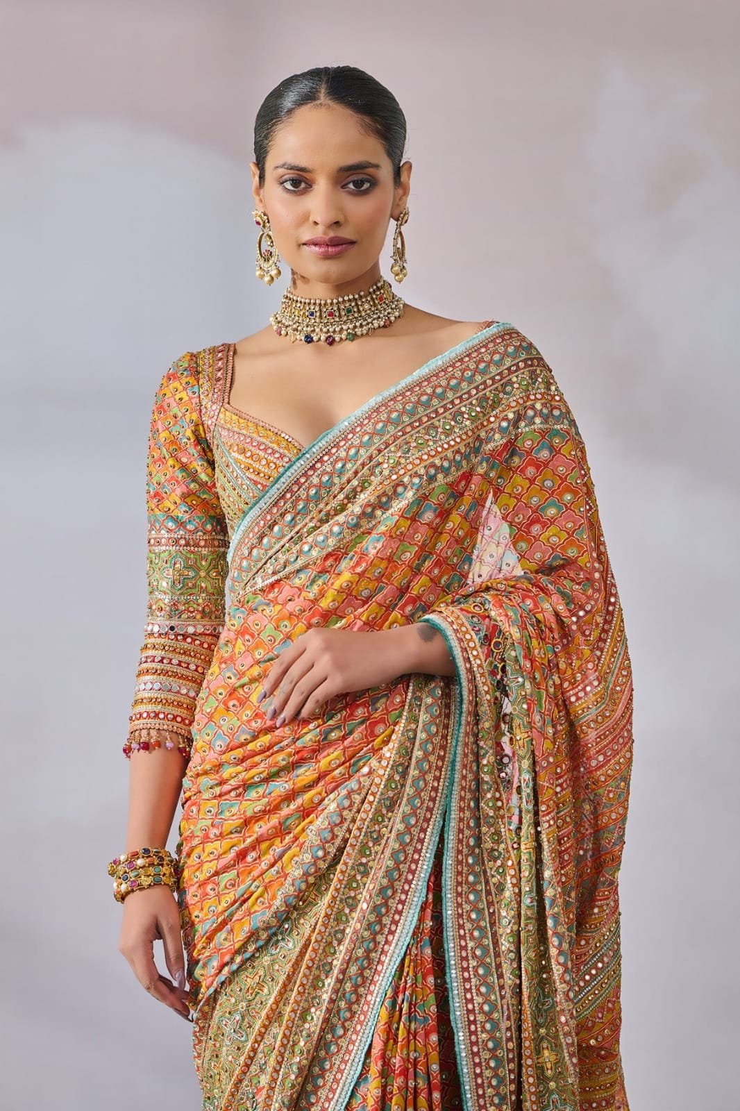 Stellar Shine: Premium Chinon Silk Floral Saree with Handcrafted Real Mirror Work