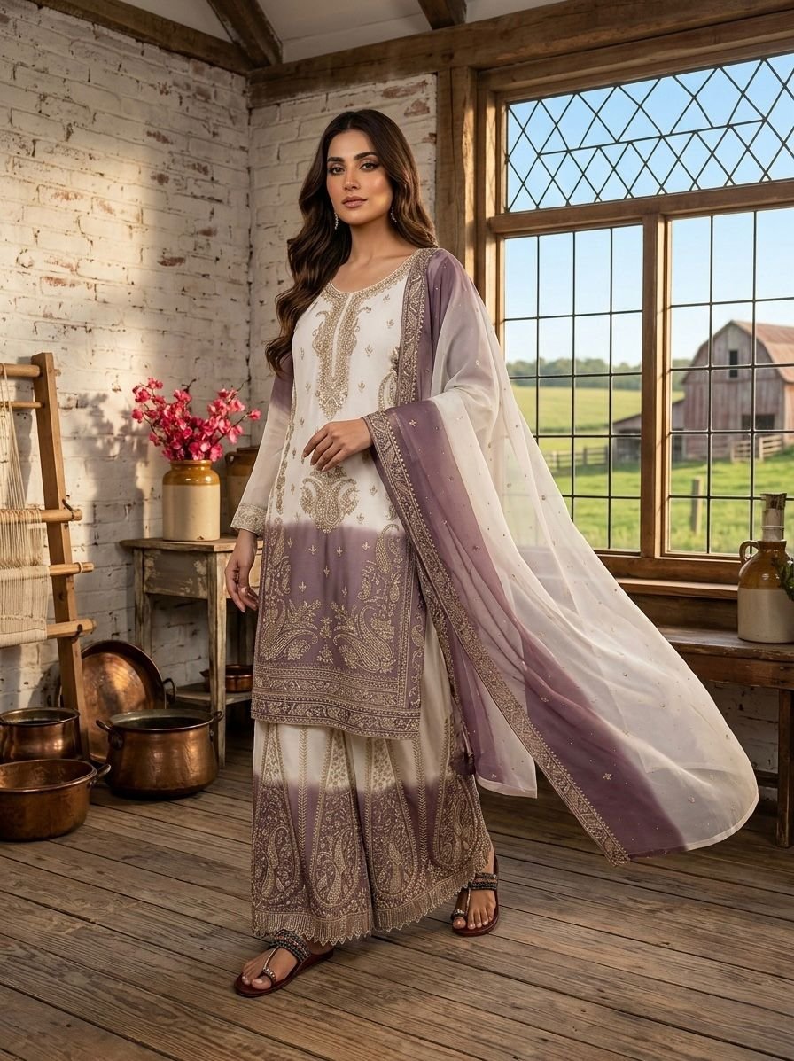 Premium Dual-Tone Star Georgette Embroidered Top & Palazzo Set