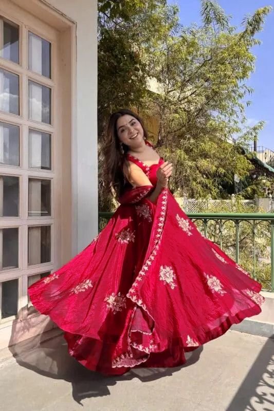 Midnight Bloom: Designer Fendy Silk 3-Piece Top, Palazzo & Dupatta Set