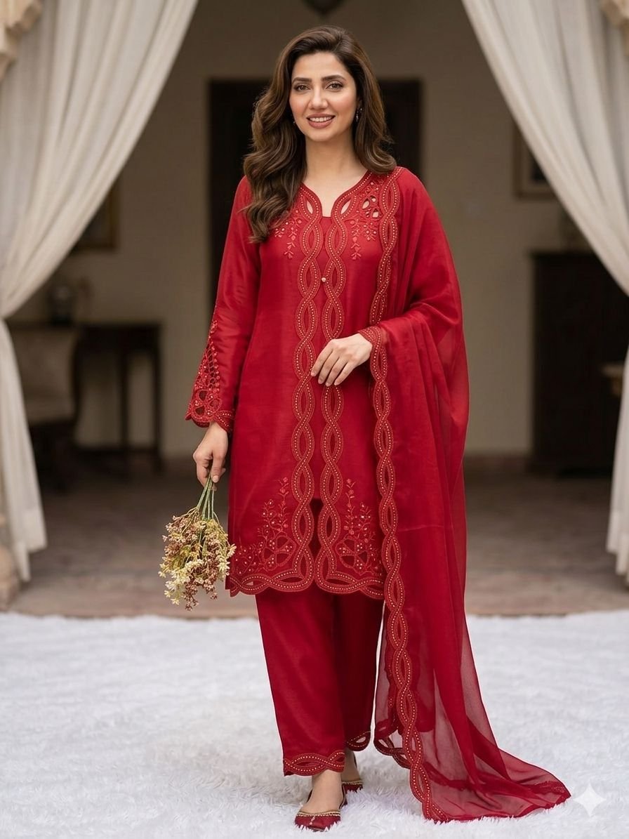 Premium Mal Chanderi 4-Piece Palazzo & Cut-Work Shrug Set