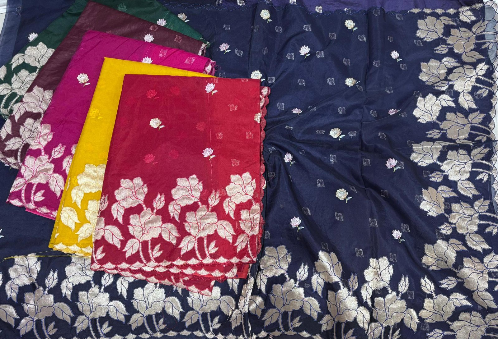 Elegant Kora Silk Saree with Traditional Appliqué Floral Work & Cutwork Border - Boutique Collection