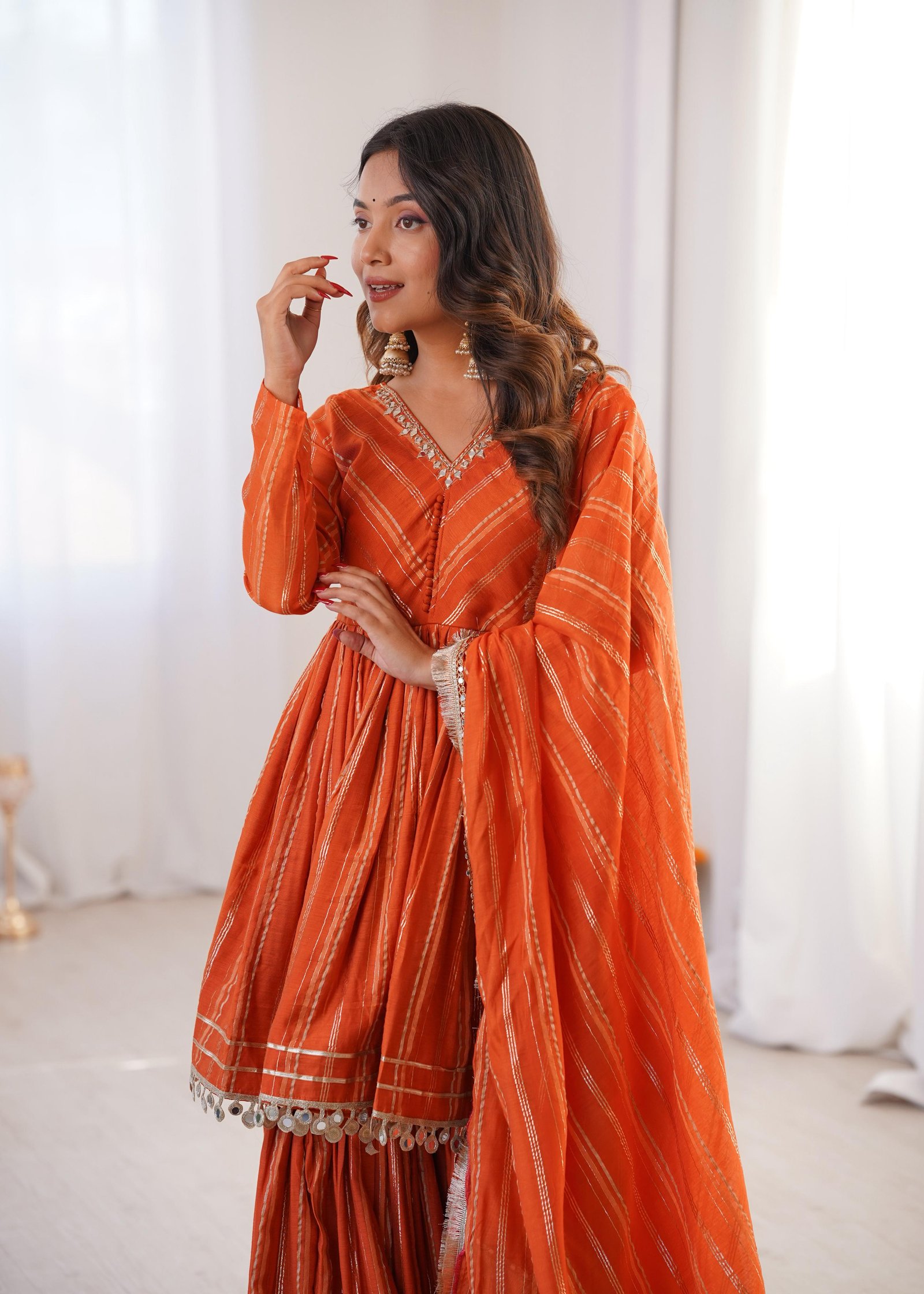 Exquisite Mal Chanderi Sharara Set with Real Mirror Handwork & Full Flair Palazzo - 3 Piece Ethnic Suit for Weddings and Festivals