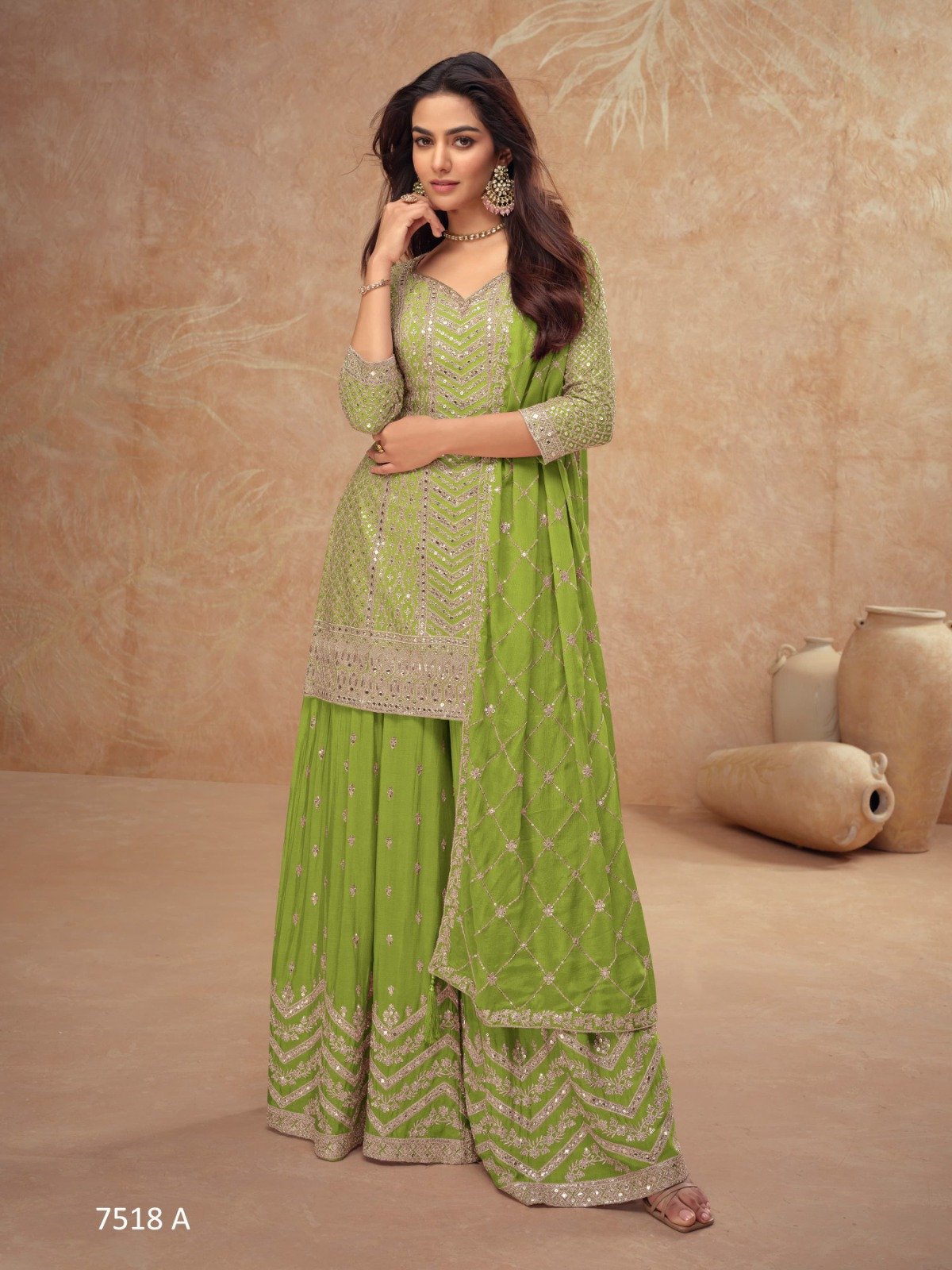 Gulkayara Palak 7518 | Designer Chinon Silk Sharara Suit with Heavy Sequence Embroidery