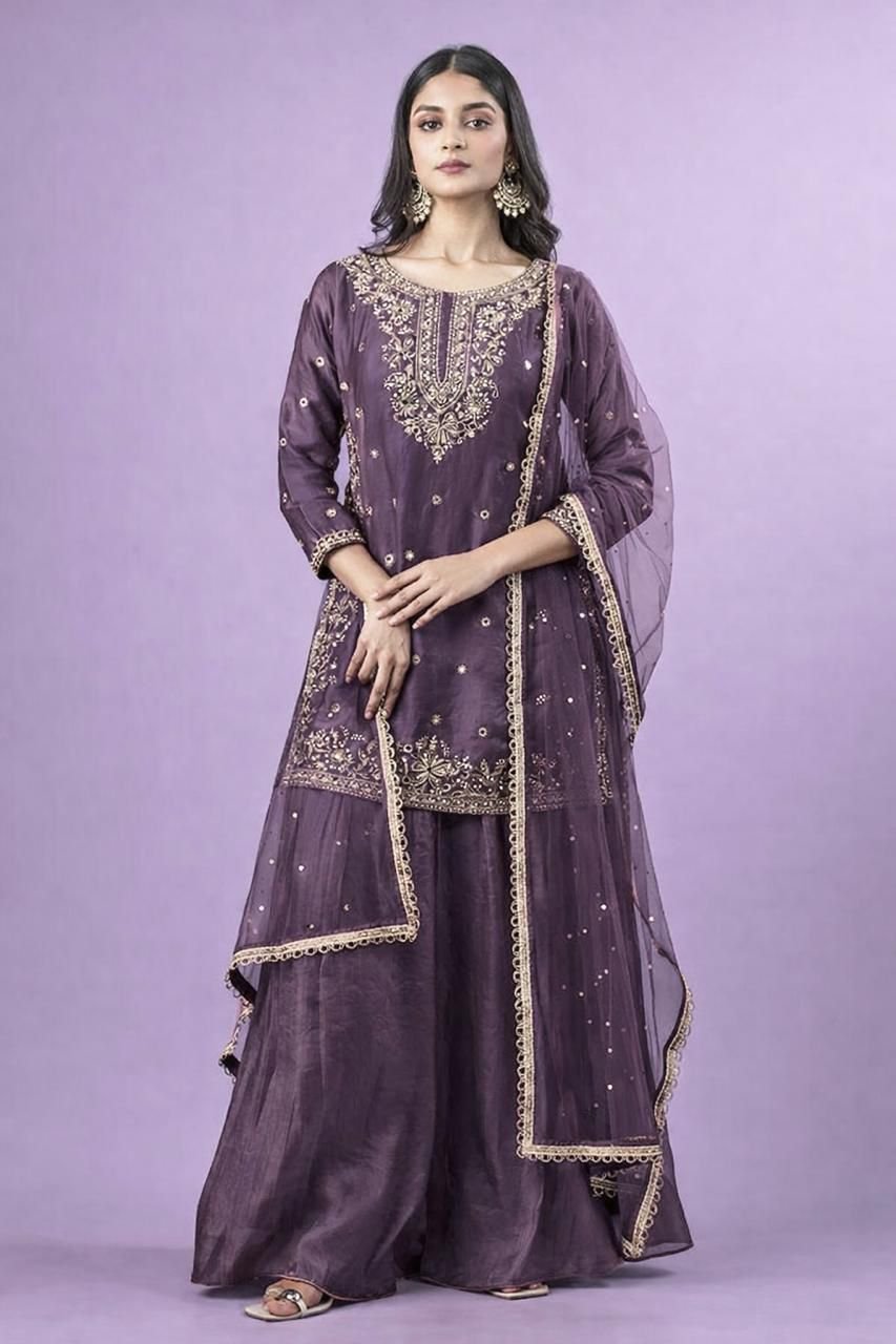 Dz-10016 Designer Party Wear | Fandy Silk Kurti & Palazzo Set with Handcrafted Embroidery & Diamonds