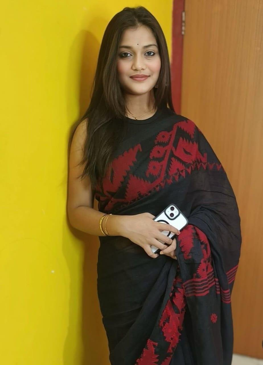 Premium Exclusive Handloom Pure Linen By Linen Saree with Geometric Borders