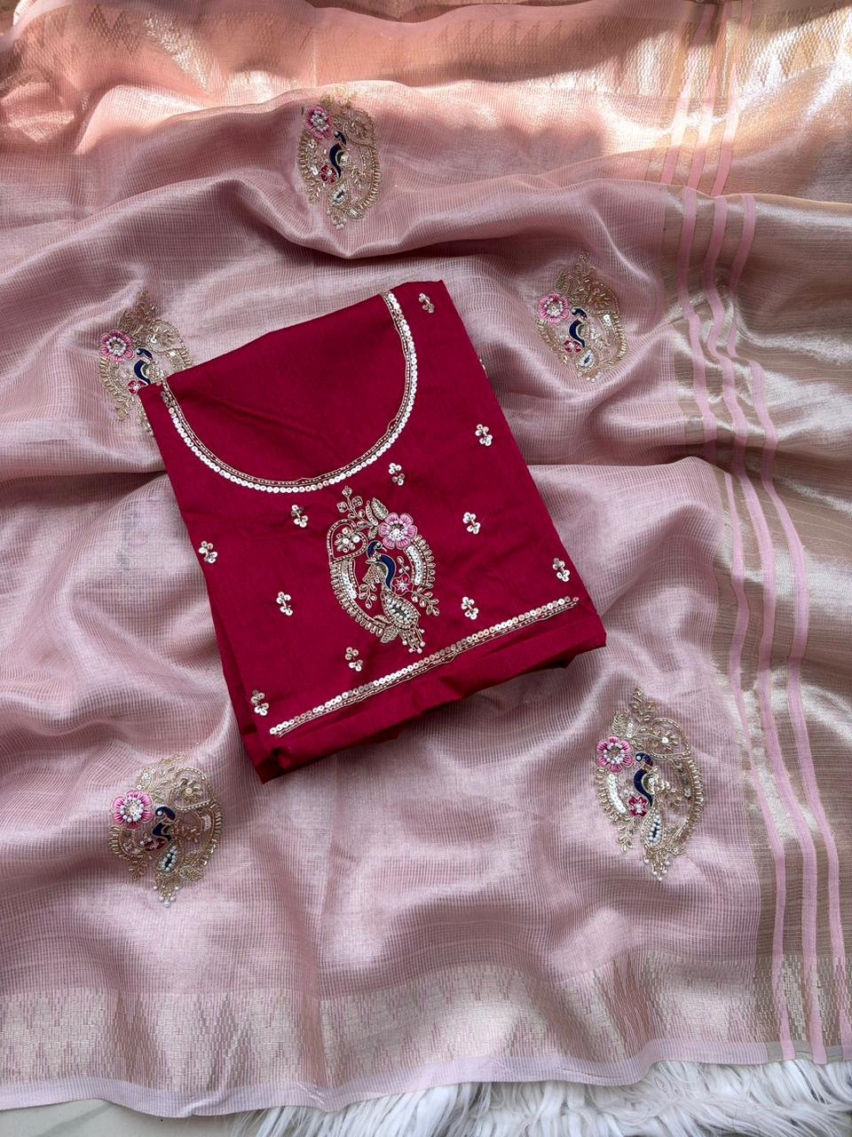 Exclusive Original Banarasi Checks Saree with Handcrafted Beads & Embroidery Work