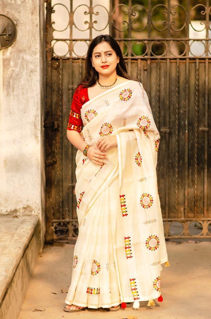 Premium Manipuri Kota Check Saree with Artistic Warli Embroidery
