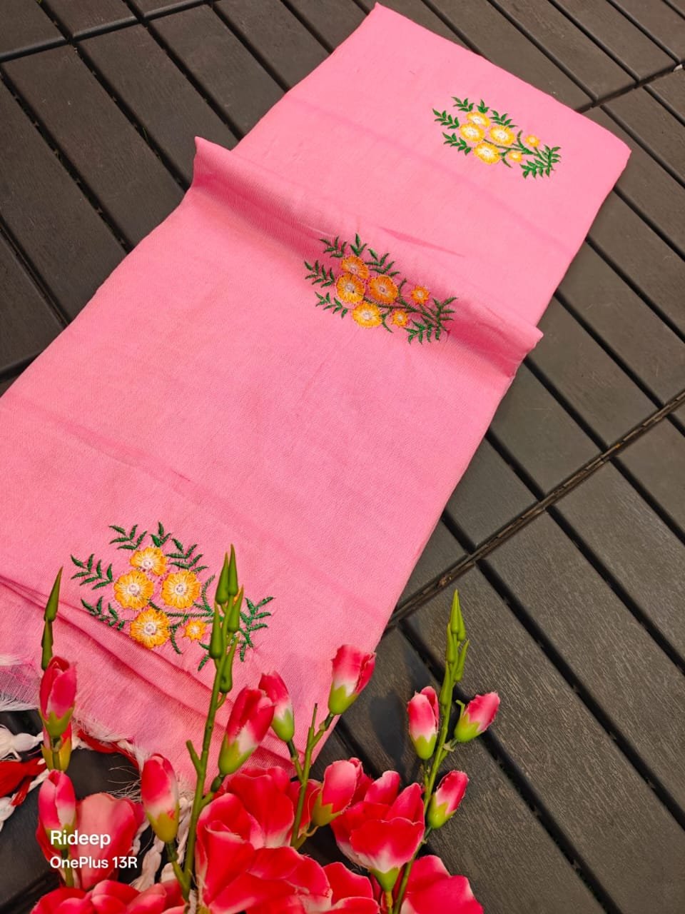 Premium Handloom Pure Khadi Cotton Saree with Elegant Floral Embroidery