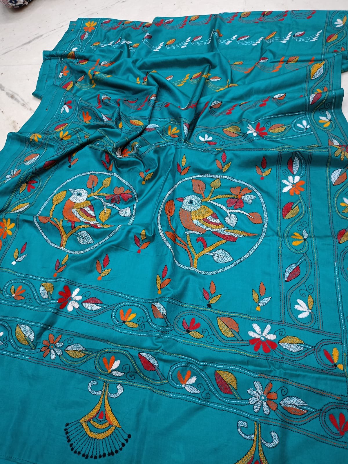 Premium Handloom Blended Bangalore Silk Saree with Exclusive Handmade Kantha Stitch Needle Work