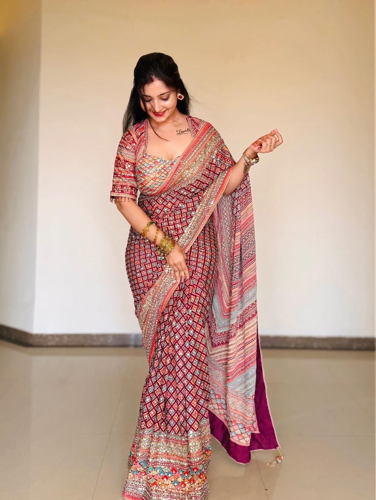 Contemporary Printed Soft Chinnon Saree with Handcrafted Mirror Work