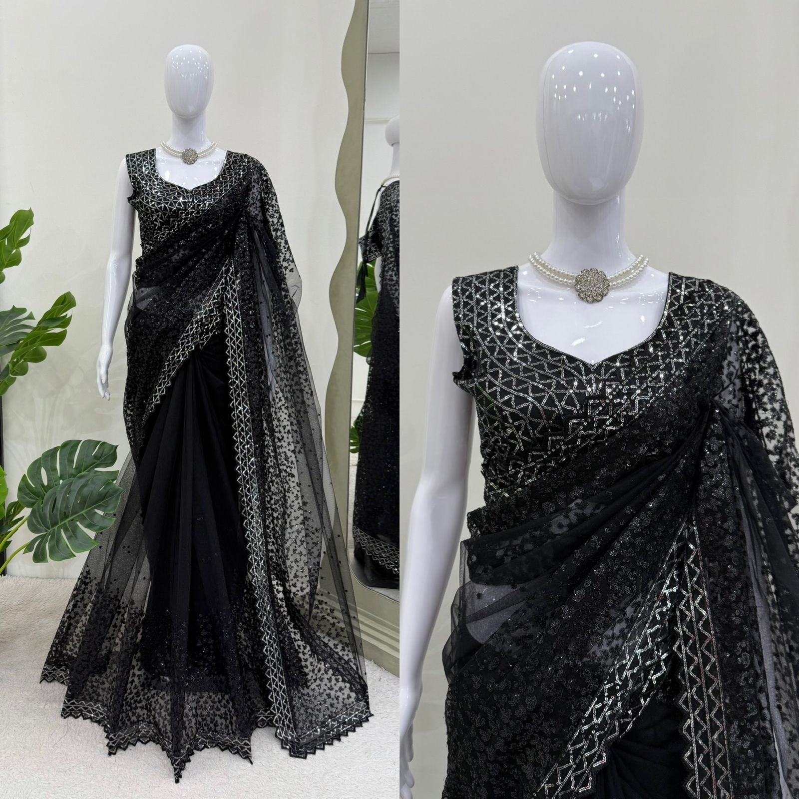 Elegant Black Soft Net Designer Saree with Shimmering Sequence Work